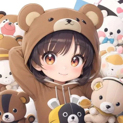 masterpiece, best quality,1girl,ultra detail,chibi,bear costume <lora:BearCostume:0.7>,smile,(stuffed toys) ,from above <lora:UFOCACTHER_SD15_V4:0.8> UFOCatcher, character doll,
