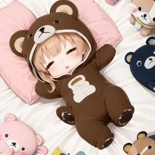 masterpiece, best quality,1girl,ultra detail,chibi,bear costume <lora:BearCostume:0.7>,sleeping,stuffed toys ,from above  <lora:UFOCACTHER_SD15_V4:0.8> UFOCatcher, character doll,