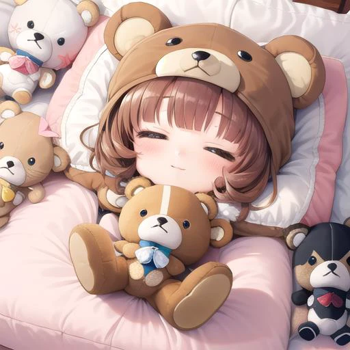 masterpiece, best quality,1girl,ultra detail,chibi,bear costume <lora:BearCostume:0.7>,sleeping,stuffed toys ,from above <lora:UFOCACTHER_SD15_V4:0.8> UFOCatcher, character doll,