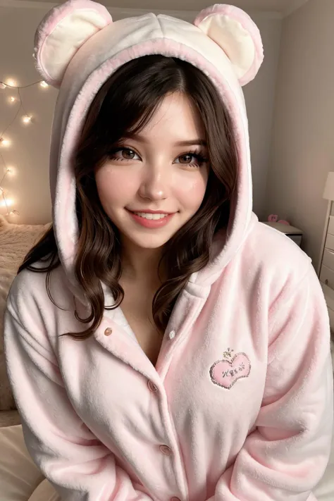 DI_belle_delphine_v1, <lora:DI_belle_delphine_v1:0.5>, (25 years old), smiling, long hair, modern photo, wearing (bear costume), <lora:BearCostume:0.4>, (portrait), cute bear onesie pajamas, super soft light pink plush fabric, fluffy hood, adorable bear hood, (35mm, F/2.8) Photo Focus, DOF, Aperture, insanely detailed and intricate, character, hypermaximalist, beautiful, revealing, appealing, attractive, amative, hyper realistic, super detailed, beautiful woman, ((detailed eyes)), long eyelashes, (glossy lips), in her bedroom, sfw