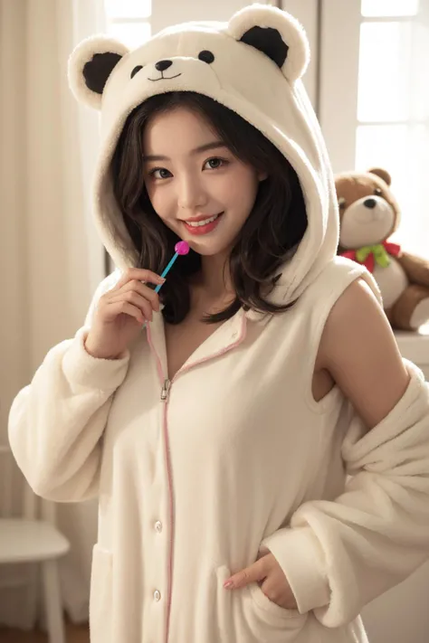 <lora:BearCostume-10:0.7>, bear costume, best quality, masterpiece, illustration, realistic, photo-realistic, amazing, finely detail, incredibly absurdres, huge filesize, ultra-detailed, highres, extremely detailed CG unity 8k wallpaper, nsfw, A cute baby bear onesie pajama made of super soft light brown plush fabric with a fluffy hood. The hood is an adorable bear head with big sparkling eyes, a tiny nose, and a sweet smile. The front zipper is pulled all the way down to the bottom to reveal smooth glowing skin underneath. A beautiful young Korean woman with shoulder-length black hair and rosy cheeks is giggling while wearing the costume. She is posing cutely in a magical candy land filled with rainbow lollipops, ice cream trees, and smiling cupcakes.