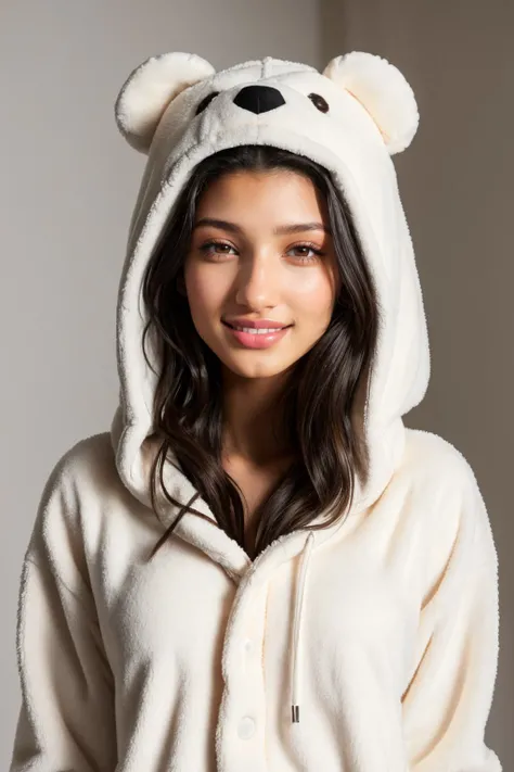 DV_S2_Beatrice_Vicious, (21 years old), smiling, modern photo, wearing (bear costume), <lora:BearCostume:0.4>, (portrait), cute bear onesie pajamas, super soft light red plush fabric, fluffy hood, adorable bear hood, in her room, girls room, (35mm, F/2.8) Photo Focus, DOF, Aperture, insanely detailed and intricate, character, hypermaximalist, beautiful, revealing, appealing, attractive, amative, hyper realistic, super detailed, beautiful girl, ((detailed eyes)), long eyelashes, (glossy lips)