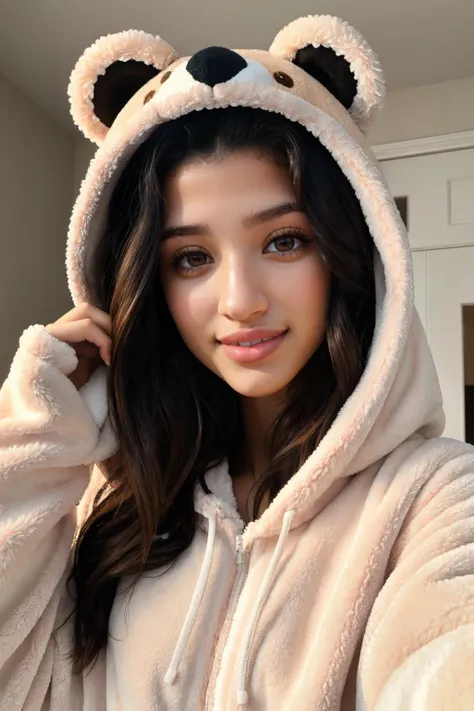 DV_S2_Beatrice_Vicious, (21 years old), smiling, modern photo, wearing (bear costume), <lora:BearCostume:0.4>, (portrait), cute bear onesie pajamas, super soft light red plush fabric, fluffy hood, adorable bear hood, in her room, girls room, (35mm, F/2.8) Photo Focus, DOF, Aperture, insanely detailed and intricate, character, hypermaximalist, beautiful, revealing, appealing, attractive, amative, hyper realistic, super detailed, beautiful girl, ((detailed eyes)), long eyelashes, (glossy lips)