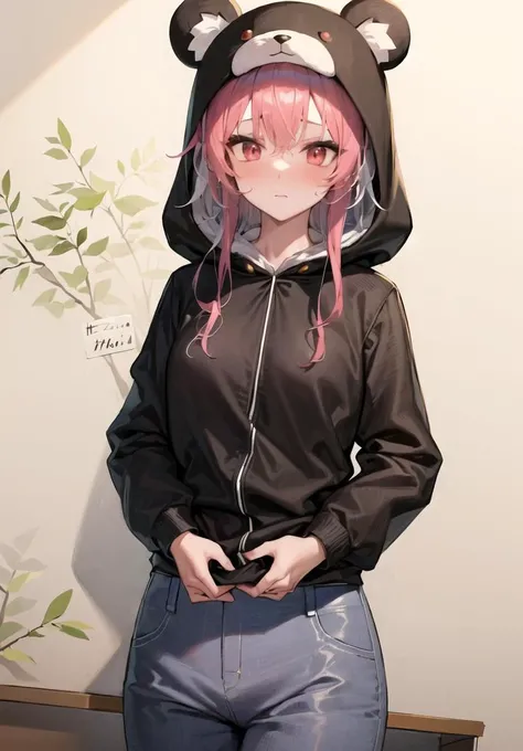 (super fine illustration:1.3), (best quality, masterpiece:1.2), (blush:1.5), (Expressionless:1.3), (straight face:1.3)
(flat chest:1.3)
(black hair:1.1), (long hair:1.3), ponytail, (beautiful red eyes:1.2), (big eyes:1.2), hair bow
(slim thighs, skinny girl, slim body, long legs, thin waist:1.2)
anime, highly detailed face, hair ornament
<lora:age_v2:1.7>
(bear costume:1.3), long sleeves, hood up, closed mouth, standing, hairclip, cowboy shot <lora:BearCostume:1>, (Plush pants, Fluffy trousers:1.3)