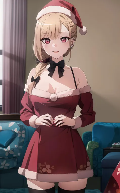 Detailed pupils, <lora:chara_SonoBisqueDoll_KitagawaMarin_v1:0.8>, kitagawa marin sb, marinkitagawa, marin kitagawa, small breast, blonde hair, choker, ear piercing, earrings, long hair, piercing, (red eyes:1.5), straight hair,( hair tied up with black bow:1.5), swept bangs, smiling BREAK
(extremely detailed CG unity 8k wallpaper), (masterpiece), (best quality), (ultra-detailed), (best illustration), (best shadow), (absurdres), 1girl, solo BREAK
Santa outfit, Christmas outfit, Santa hat, cleavage, skirt, black thighhighs, BREAK
living room, Christmas tree, presents under tree, holiday, cheerful party, Christmas time, <lora:Sexy Santa Outfit By Stable Yogi:0.4> BREAK
high quality, 8k, beautiful lighting, beautiful, natural volumetric lighting, high detail BREAK
(perfect hands, perfect anatomy)