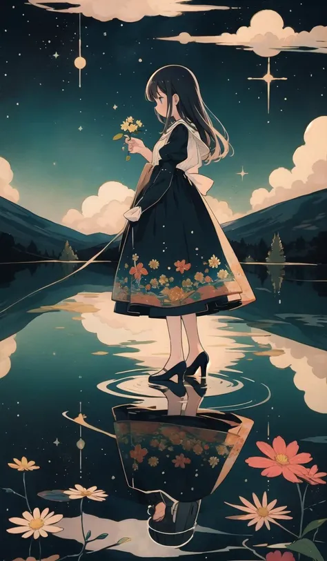 whitestar, 1girl, dress, solo, flower, long hair, long sleeves, ripples, standing, black dress, puffy sleeves, sky, cloud, holding, blue dress, star (sky), water, holding flower, shoes, profile  <lora:whitestar-block:1>