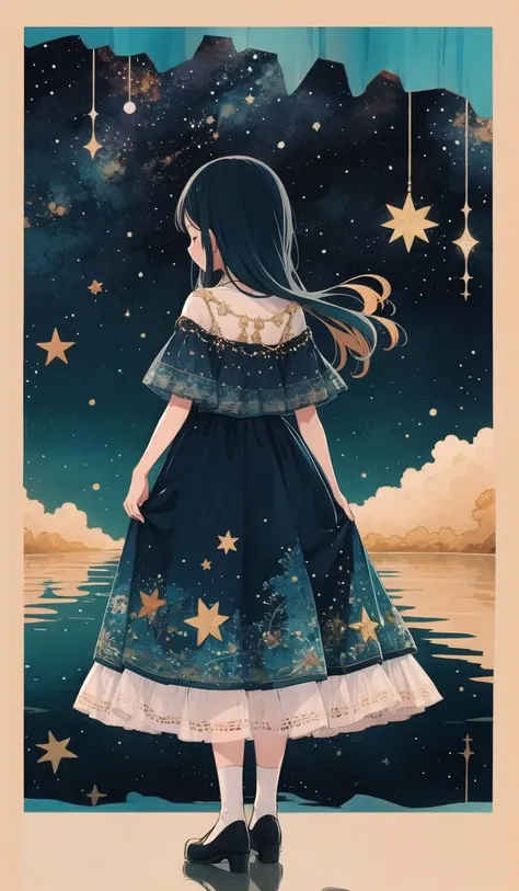 whitestar, 1girl, long hair, solo, dress, star (sky), standing, from behind, star (symbol), sky, reflection, starry sky  <lora:whitestar-block:1>