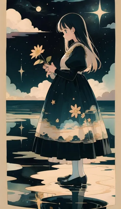 whitestar, 1girl, dress, solo, flower, long hair, long sleeves, ripples, standing, black dress, puffy sleeves, sky, cloud, holding, blue dress, star (sky), water, holding flower, shoes, profile <lora:whitestar-block:1>