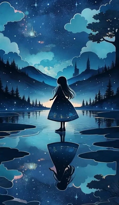 whitestar, 1girl, sky, star (sky), scenery, starry sky, solo, long hair, reflection, night, blue theme, dress, tree, outdoors, night sky, fantasy, cloud, standing, crystal  <lora:whitestar-block:1>