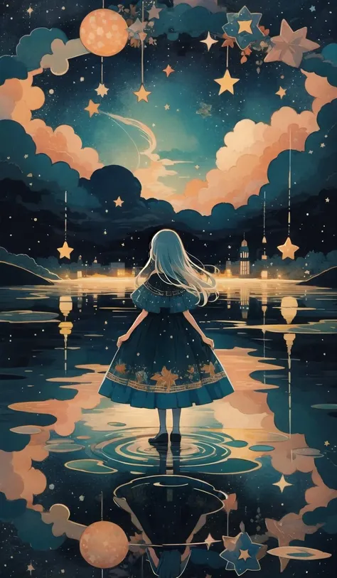 whitestar, 1girl, long hair, solo, dress, star (sky), standing, from behind, star (symbol), sky, reflection, starry sky  <lora:whitestar-block:1>