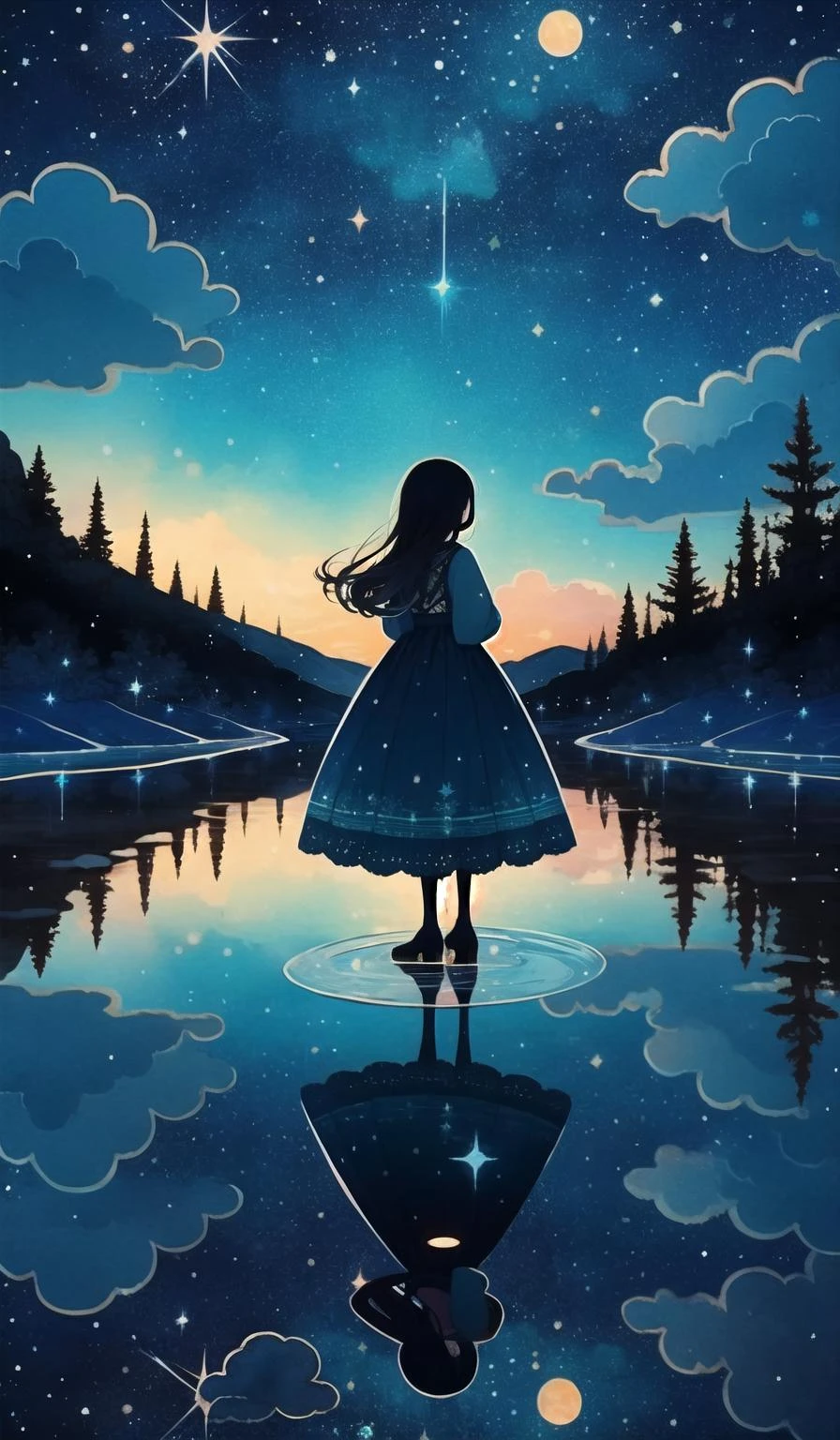 whitestar, 1girl, sky, star (sky), scenery, starry sky, solo, long hair, reflection, night, blue theme, dress, tree, outdoors, night sky, fantasy, cloud, standing, crystal  <lora:whitestar-block:1>