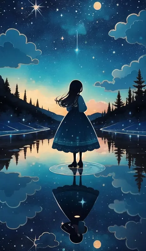 whitestar, 1girl, sky, star (sky), scenery, starry sky, solo, long hair, reflection, night, blue theme, dress, tree, outdoors, night sky, fantasy, cloud, standing, crystal  <lora:whitestar-block:1>