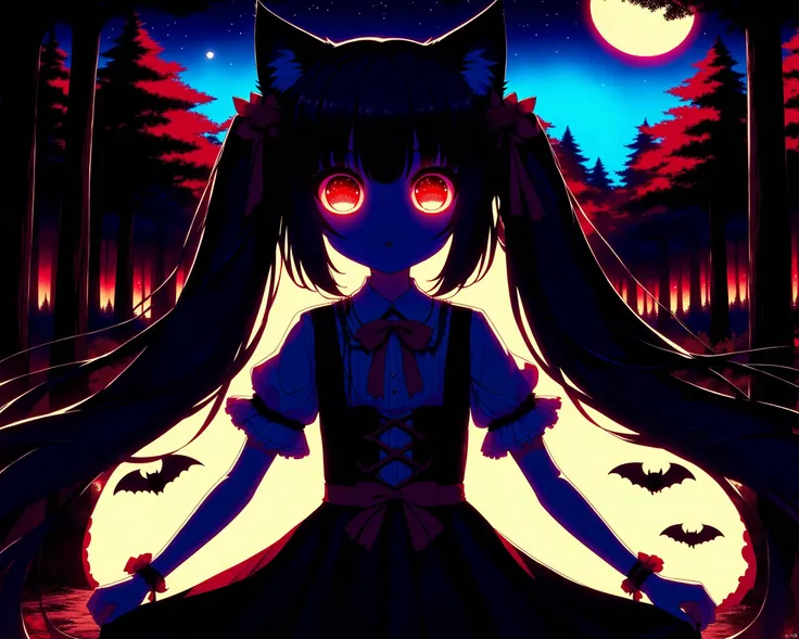 DALLE-Sytles,nekopara,Chocola_\(nekopara\), moon, solo, long_hair, animal_ears, twintails, wings, red_moon, bat_(animal), full_moon, dress, very_long_hair, cat_ears, night, looking_at_viewer, bat_wings, outdoors, red_eyes, glowing_eyes, bangs, tree, nature, forest, black_hair, glowing, red_theme<lora:EMS-320496-EMS:1.000000>, <lora:EMS-320503-EMS:0.600000>