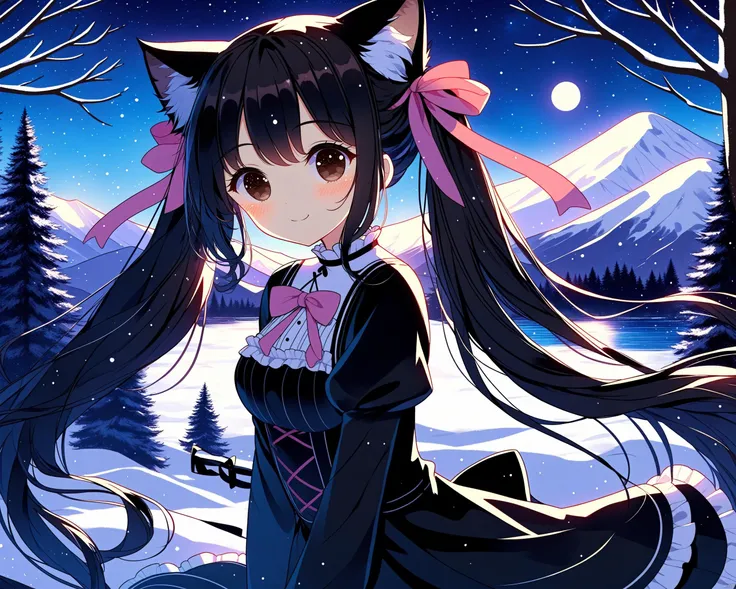 DALLE-Sytles,nekopara,Chocola_\(nekopara\), animal_ears, night, long_hair, solo, moon, outdoors, dress, twintails, very_long_hair, sky, cat_ears, full_moon, black_dress, black_hair, looking_at_viewer, ribbon, bangs, night_sky, long_sleeves, bow, hair_ribbon, animal_ear_fluff, brown_eyes, star_(sky), starry_sky, smile, closed_mouth, snow, scenery, cat_girl, mountain, bowtie, tree, frills, pink_ribbon, pink_bow, bare_tree, breasts, lake, blush<lora:EMS-320496-EMS:1.000000>