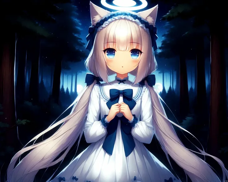 DALLE-Sytles,nekopara,Vanilla_\(nekopara\), blue_eyes, animal_ears, solo, long_hair, very_long_hair, white_hair, dress, bow, night, halo, forest, twintails, cat_ears, animal_ear_fluff, nature, bangs, looking_at_viewer, hair_bow, low_twintails, white_dress, moon, outdoors, full_moon, blue_bow, tree, long_sleeves, cat_girl, own_hands_together<lora:EMS-320496-EMS:0.800000>, <lora:EMS-320503-EMS:0.800000>