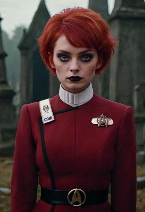 (twokunf red uniform:1.3),white strap,(white neck:1.3)<lora:TWOKXL:0.8>
A woman wears a twokunf red uniform .She has short,spiky ginger hair. She wears a black lipstick and goth make up. In the background a graveyard can be seen., (highres, highly detailed:1.2), cinematic lighting, vibrant colors