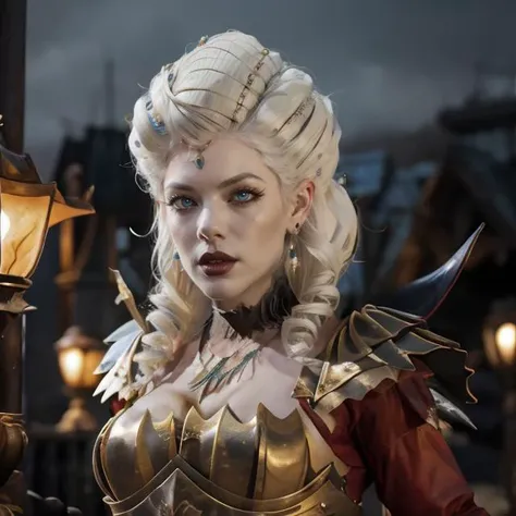 (masterpiece:1.2), (best quality,:1.2), 8k, HDR, ultra detailed, ((photorealistic)), professional light, cinematic lighting, fashion photography, ambient lighting, face lighting, Chantal, <lora:Chantal-10:1>, ((upper body shot)), earrings, choker, circlet, necklace, dark makeup, long and messy hair, as Isabella, extremely intricate armor, fangs, pale skin, vampire, glowing blue eyes, <lora:Isabella:1>, <lora:PortraitMasterV1:0.5>, 22facelexia88 style, dynamic pose