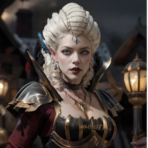 (masterpiece:1.2), (best quality,:1.2), 8k, HDR, ultra detailed, ((photorealistic)), professional light, cinematic lighting, fashion photography, ambient lighting, face lighting, Bridgette, <lora:Bridgette-10:1>, ((cowboy shot)), earrings, choker, circlet, necklace, dark makeup, long and messy hair, as Isabella, extremely intricate armor, fangs, pale skin, vampire, glowing blue eyes, <lora:Isabella:1>, <lora:PortraitMasterV1:0.5>, 22facelexia88 style, dynamic pose