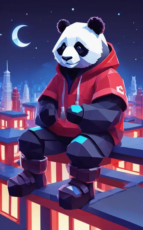 low-poly style a cyborg anthropomorphic giant panda male furry is sitting solo on rooftop, He has very fluffy fur on cheek and animal head, mechanical arms and hands, mechanical legs and boots, He wears a short sleeves red hoodie with both proud and serious on his face, His eyes are black and shine and looking afar, city below, backlighting, night, moonlight, starry sky, shooting star, constellation . low-poly game art, polygon mesh, jagged, blocky, wireframe edges, centered composition