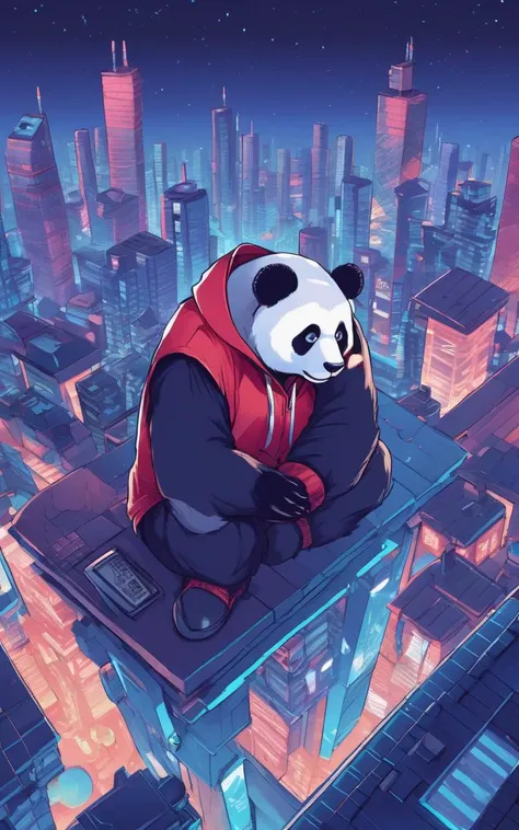 isometric style a cyborg anthropomorphic giant panda male furry is sitting solo on rooftop, He has very fluffy fur on cheek and animal head, mechanical arms and hands, mechanical legs and boots, He wears a short sleeves red hoodie with both proud and serious on his face, His eyes are black and shine and looking afar, city below, backlighting, night, moonlight, starry sky, shooting star, constellation . vibrant, beautiful, crisp, detailed, ultra detailed, intricate