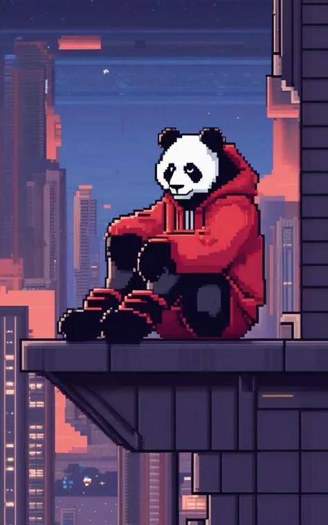 pixel-art a cyborg anthropomorphic giant panda male furry is sitting solo on rooftop, He has very fluffy fur on cheek and animal head, mechanical arms and hands, mechanical legs and boots, He wears a short sleeves red hoodie with both proud and serious on his face, His eyes are black and shine and looking afar, city below, backlighting, night, moonlight, starry sky, shooting star, constellation . low-res, blocky, pixel art style, 8-bit graphics