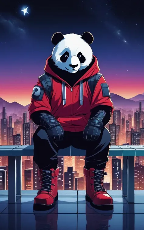 cinematic photo a cyborg anthropomorphic giant panda male furry is sitting solo on rooftop, He has very fluffy fur on cheek and animal head, mechanical arms and hands, mechanical legs and boots, He wears a short sleeves red hoodie with both proud and serious on his face, His eyes are black and shine and looking afar, city below, backlighting, night, moonlight, starry sky, shooting star, constellation . 35mm photograph, film, bokeh, professional, 4k, highly detailed