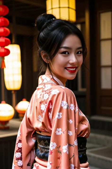one girl, black hair,hair bun, brown eyes, black eyeliner, red lipstick, blush, wearing <lora:Kimono_V20:0.8> chinese kimono, at night, at night, lantern festival china, smiling, happy strikes sexy poses, sexy ass, and looks flirtatious, ultra-detailed human face, amazing fine detail, Canon 5DM4, film stock photograph, f1.6 lens, lifelike texture, lighting, dynamic composition, unreal engine, photorealist, real life, cleavage, sensual, <lora:llfzhouye:0.6>