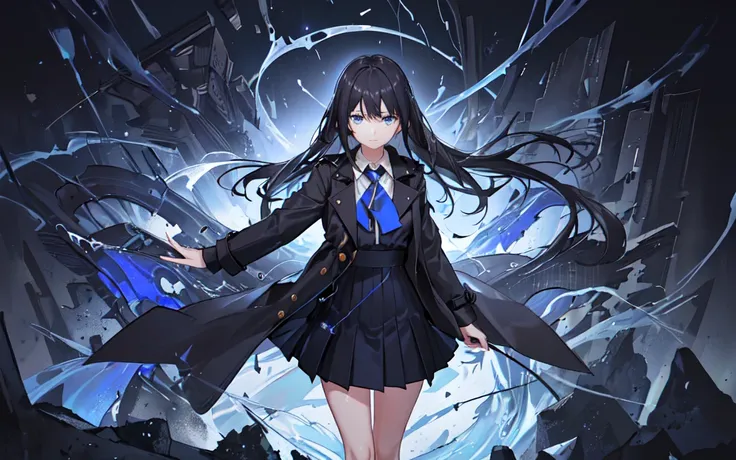 (best quality, masterpiece),(1girl, trench coat,expression face, blue eyes, looking at viewer, black hair, closed mouth, dress shirt, black skirt, hand at viewer), (less blue light, swrling many blue glass pieces behind, floating objects, night sky)