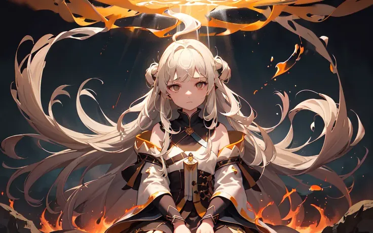 (best quality, masterpiece), (1girl, solo,brown robe, expression face, looking away, sitting, wide sleeves, black eyes, closed mouth, long hair, upper body), (night sky at cave entrance , light rising from the bottom, inside Cave, floating glowing bunch of yellow particles, burning fire at hand, floating many small fires),