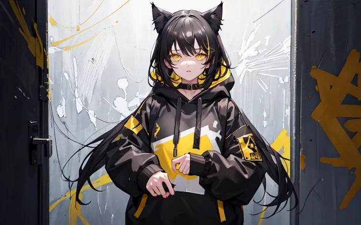 (best quality, masterpiece), (1girl, solo, cat ear black hood, standing, yellow eyes, black hair, leaning, upper body), (less light, black yellow room, Yellow graffiti behind, disorderly spray cans),