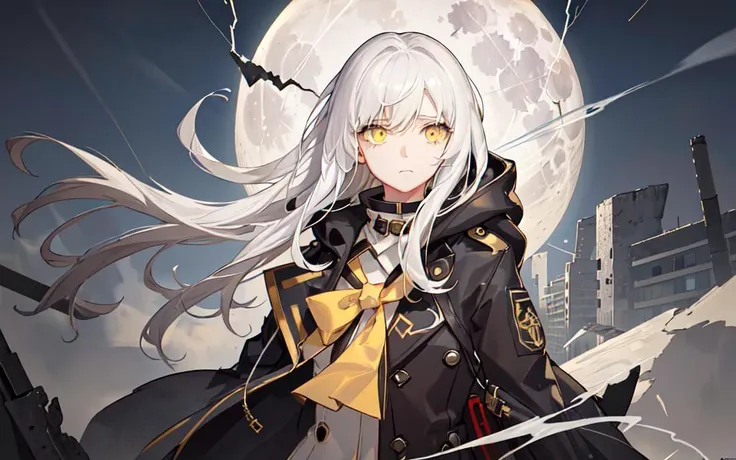 (best quality, masterpiece), (1girl, trench coat, expression face, black yellow eyes, white hair, hood, white gloves, looking away, closed mouth, upper body), (less light, full moon, cracked city background, sandstorm, floating debris behind, abandoned place, Yellow dust sky, Lightning),