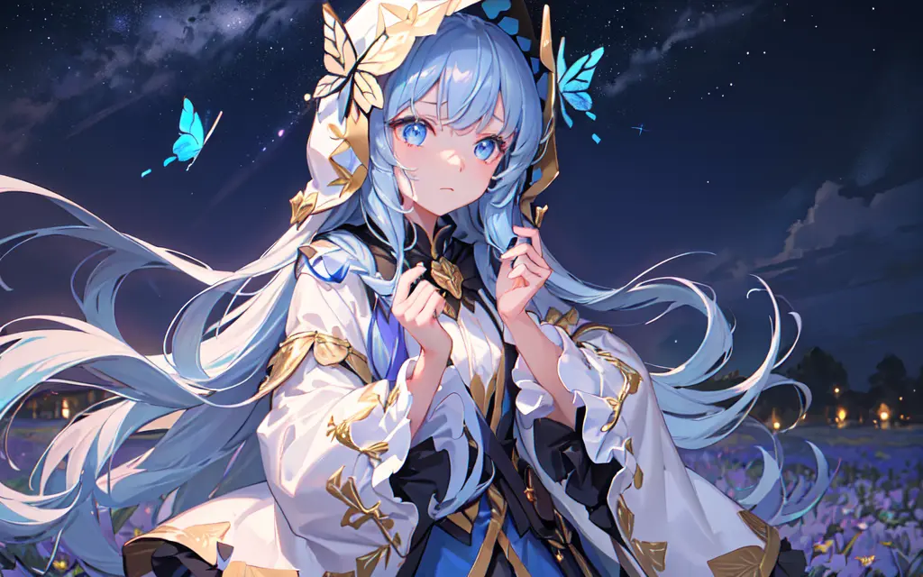 (best quality, masterpiece), (1girl, solo, golden pattern hood, expression face, looking away, walking, wide sleeves, blue eyes, closed mouth, spread hand, long hair, upper body), , (night sky ,light rising from the bottom, flower field, glowing butterfly on the hand),