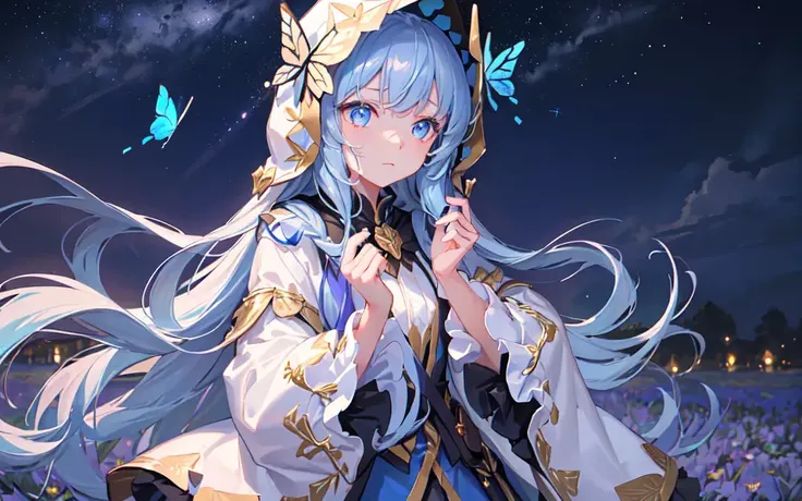 (best quality, masterpiece),  (1girl, solo, golden pattern hood, expression face, looking away, walking, wide sleeves, blue eyes, closed mouth, spread hand, long hair, upper body), , (night sky ,light rising from the bottom, flower field, glowing butterfly on the hand),