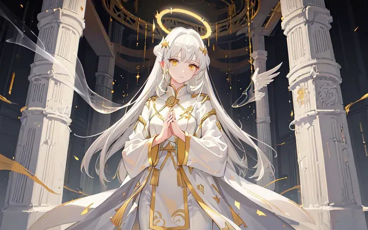 (best quality, masterpiece), (1girl, solo, gold pattern robe, white pants, standing , looking at front, halo of a halo, golden wing, Put the hands together, white hair, yellow eyes, closed mouth, upper body), (clear sky, smoke, pillar of light, abandoned temple background)