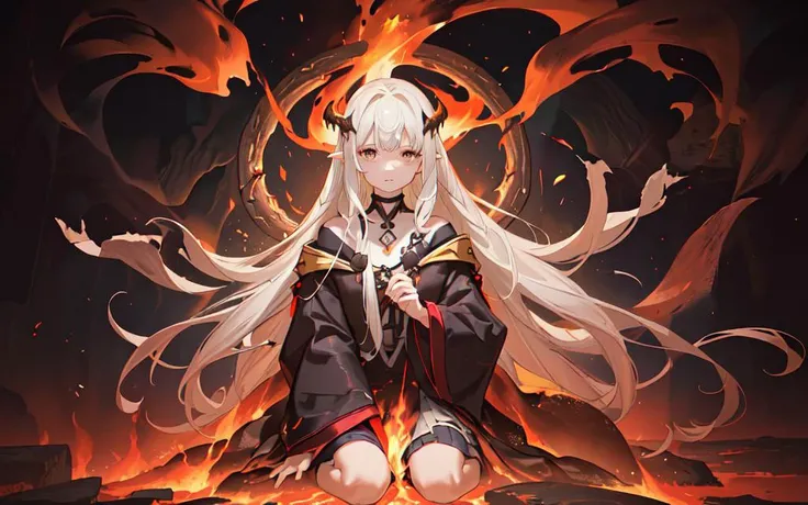 (best quality, masterpiece), (1girl, solo,brown robe, expression face, looking away, sitting, wide sleeves, black eyes, closed mouth, long hair, upper body), (night sky at cave entrance , light rising from the bottom, inside Cave, floating glowing bunch of yellow particles, burning fire at hand, floating many small fires),