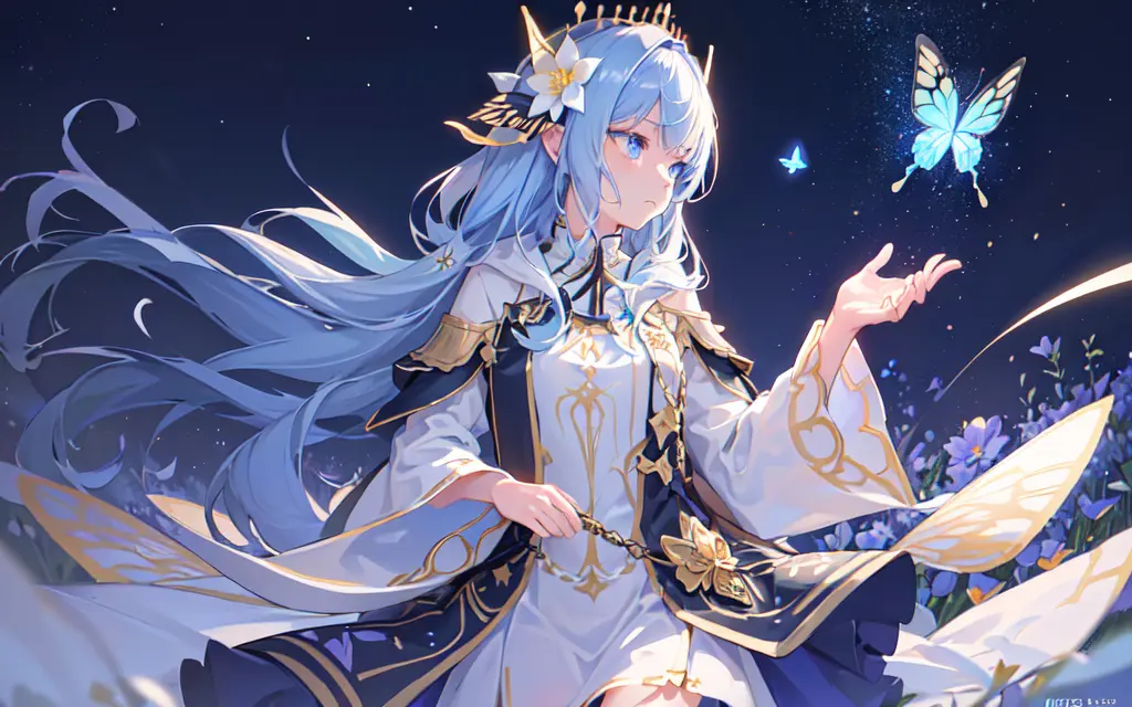 (best quality, masterpiece), (1girl, solo, golden pattern hood, expression face, looking away, walking, wide sleeves, blue eyes, closed mouth, spread hand, long hair, upper body), , (night sky ,light rising from the bottom, flower field, glowing butterfly on the hand),