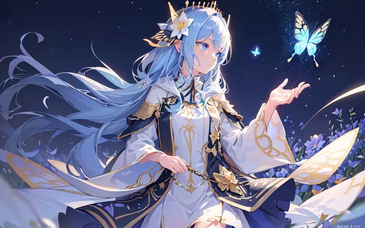 (best quality, masterpiece),  (1girl, solo, golden pattern hood, expression face, looking away, walking, wide sleeves, blue eyes, closed mouth, spread hand, long hair, upper body), , (night sky ,light rising from the bottom, flower field, glowing butterfly on the hand),