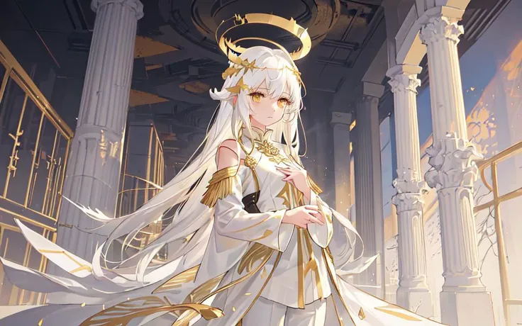 (best quality, masterpiece), (1girl, solo, gold pattern robe, white pants, standing , looking at front, halo of a halo, golden wing, Put the hands together, white hair, yellow eyes, closed mouth, upper body), (clear sky, smoke, pillar of light, abandoned temple background)