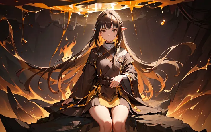 (best quality, masterpiece), (1girl, solo,brown robe, expression face, looking away, sitting, wide sleeves, black eyes, closed mouth, long hair, cowboy shot), (night sky at cave entrance , light rising from the bottom, inside Cave, floating glowing bunch of yellow particles, burning fire at hand, floating many small fires),