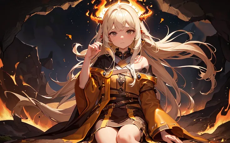 (best quality, masterpiece), (1girl, solo,brown robe, expression face, looking away, sitting, wide sleeves, black eyes, closed mouth, long hair, cowboy shot), (night sky at cave entrance , light rising from the bottom, inside Cave, floating glowing bunch of yellow particles, burning fire at hand, floating many small fires),