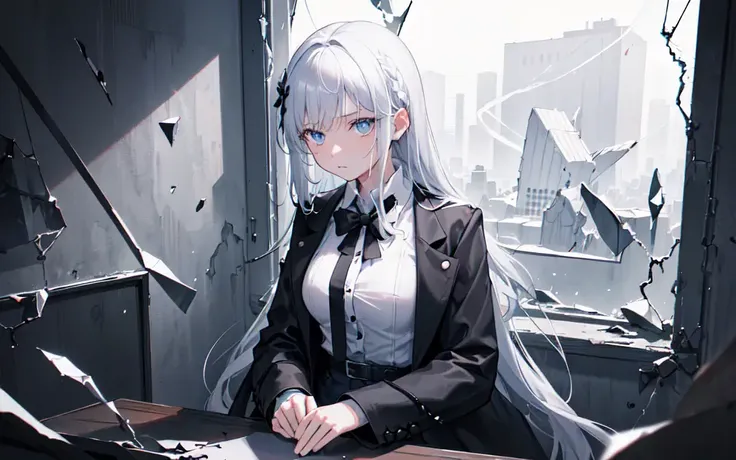 (best quality, masterpiece),(1girl, solo, dress shirt, expression face, sitting, looking at viewer, blue eyes, long hair, upper body,), (1girl, solo, black coat, expression face, looking at viewer,standing, black eyes, glowing eyes, braided hair at one side, closed mouth, black pants, , white long hair, cowboy shot,), (monochrome background, broken window behind, swirling broken glass pieces background, wired place),