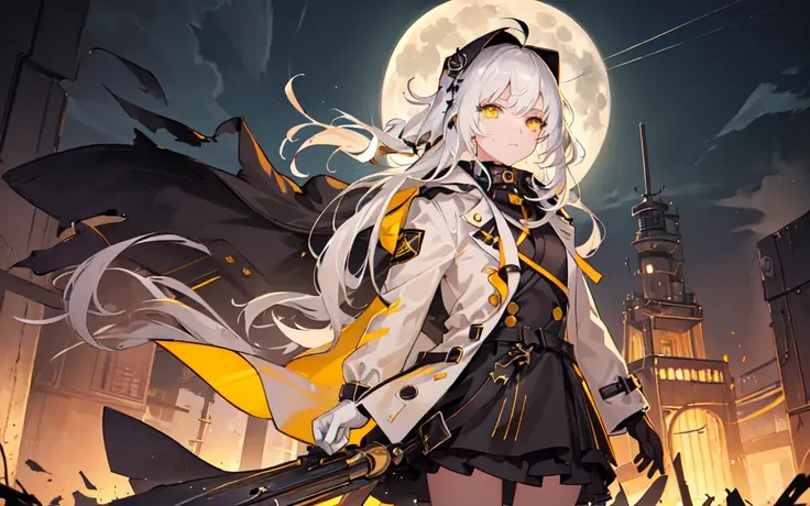 (best quality, masterpiece), (1girl, trench coat, expression face, black yellow eyes, white hair, hood, white gloves, looking away, closed mouth), (less light, full moon, cracked city background, sandstorm, floating debris behind, abandoned place, Yellow dust sky, Lightning),