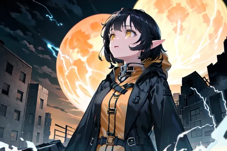 (best quality, masterpiece), (1girl, trench coat, expression face, black yellow eyes,  hood, white gloves, looking away, closed mouth), (less light, full moon, cracked city background, sandstorm, floating debris behind, abandoned place, Yellow dust sky, Lightning),,  pointy ears, <lora:feiyang01:0.8>
