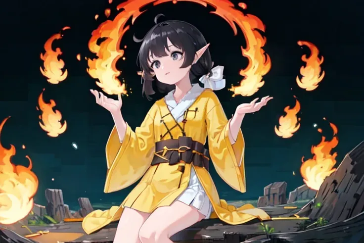 (best quality, masterpiece), (1girl, solo,brown robe, expression face, looking away, sitting, wide sleeves, black eyes, closed mouth, long hair, cowboy shot), (night sky at cave entrance , light rising from the bottom, inside Cave, floating glowing bunch of yellow particles, burning fire at hand, floating many small fires),pointy ears, pointy ears, <lora:feiyang01:0.8>