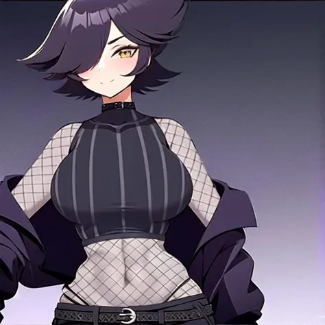 masterpiece, best quality, 1girl, yellow eyes, closed mouth, solo, large breasts, looking at viewer, blush, smile, short hair, black hair, navel, jacket, alternate costume, midriff, belt, off shoulder, hair over one eye, black jacket, crop top, hand on hip, fishnets, black belt, one eye covered, fishnet top <lora:KarmaVT:1>