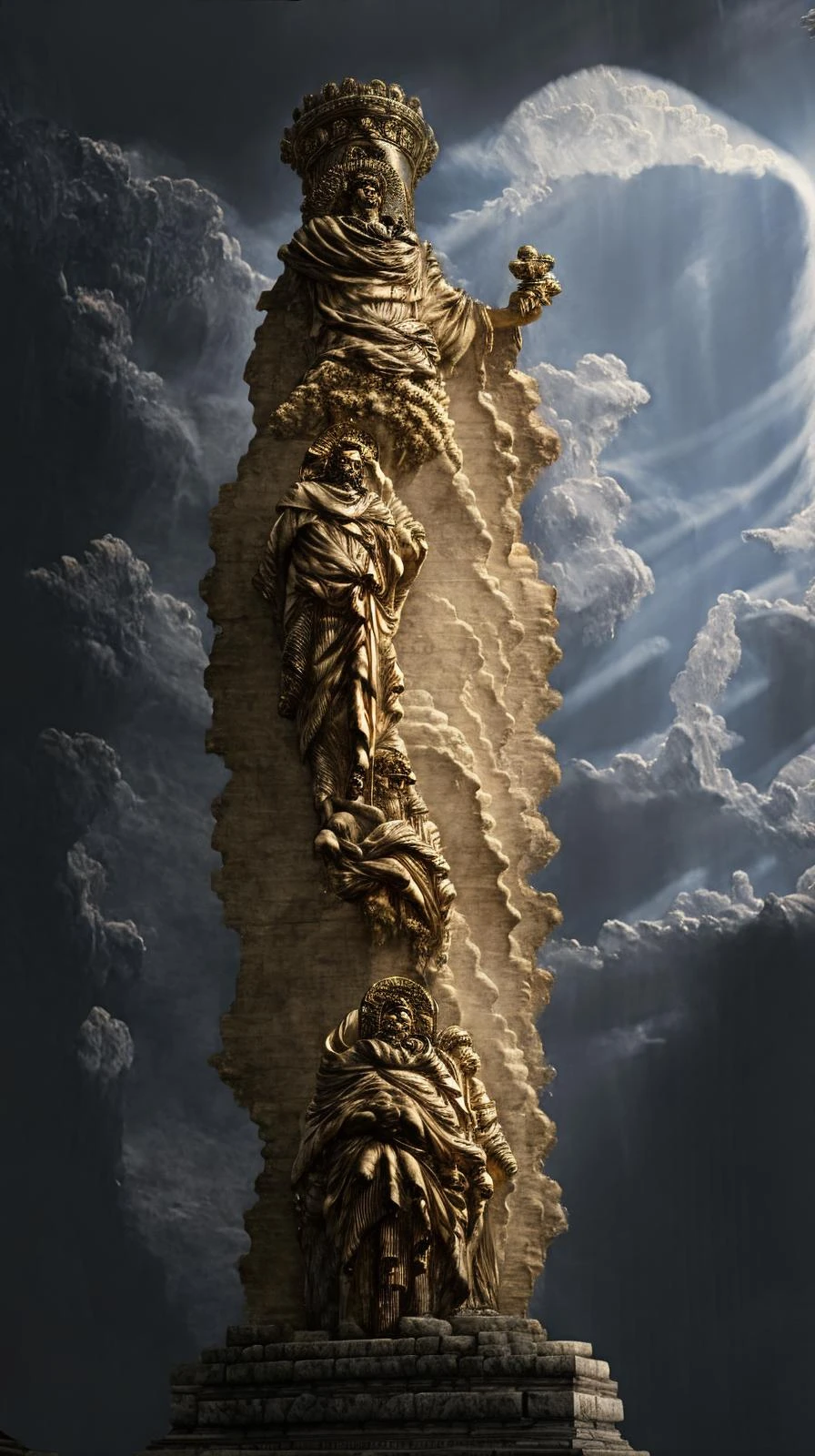 (1boy:1.2), 1man, deity, fierce deity, one man with one finger pointing to the sky, pointing to the sky, sacred, (golden hair:1.2), (golden pupils:1.2), (white body:1.2), (sculptural body:1.2), sturdy, marble texture, marble sculpted body, sun, solid background, with sun, pigeon, flock of pigeons, roman_numeral, male_focus, magic_circle, muscular, abs, jewelry, (solo:1.2), pectorals, fine_art_parody, realistic, <lora:renaissance:0.8> by Anthony Van Dyck, Spotlight, Floodlight, Lonely, Divine, Ultra-HD, Super-Resolution, Full-HD, 8K, Tones of Black in Background, high quality, highres, beautiful face, close up, detailed face, bearded face, facial hair, mustache, statue, (made of marble), close-up, white background, close up shot, <lora:elden ring1:0.7>