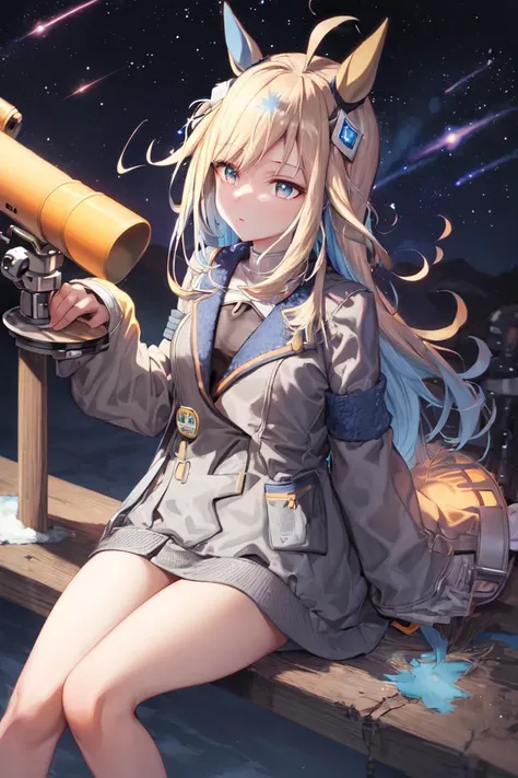 masterpiece, best quality,
neo universe \(umamusume\),
night sky, starry sky, mountainous horizon,
(telescope:1.3), 
fur trim coat, winter coat, brown coat, sitting, keens up, looking up,
<lora:neo_universe_loha:0.7>