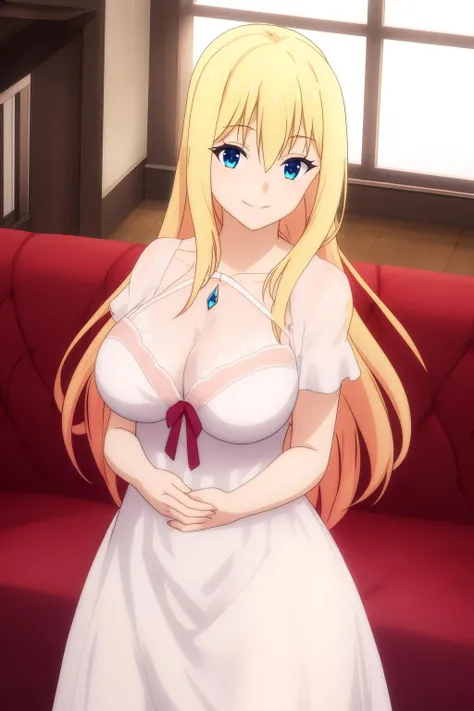 darkness, 1girl, solo, long_hair, breasts, looking_at_viewer, smile, blue_eyes, blonde_hair, large_breasts, dress, indoors, white_dress, window, own_hands_together
