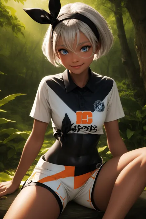 pkmnbea, 1girl, solo, blue eyes, white hair, short hair, bangs, hair between eyes, black hairband, bow hairband, dark skin, dark-skinned female,
white shirt, print shirt, short sleeves, collared shirt, tied shirt, white shorts, print shorts, black bodysuit, bodysuit under clothes,
smile,closed mouth,cowboy shot,sitting,
forest,outdoor,
(insanely detailed, beautiful detailed face, masterpiece, best quality) cinematic lighting,<lora:PKMN_Bea_v2:1>, <lora:more_details:0.3>,