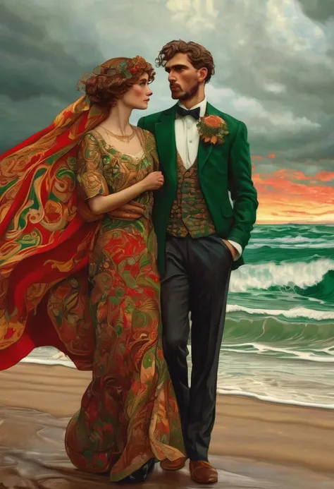 (photorealistic but extremely beautiful: 1.3), (style of (Gustav Klimt:0.6) and (alfons mucha:0.4)), preppy style couple standing on stormy beach in front of huge red-gold-green banner, intricate details,